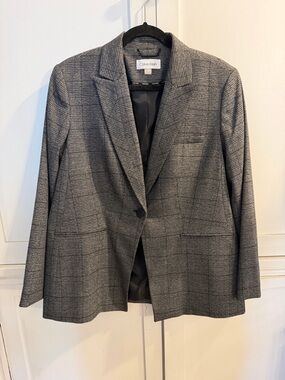 Calvin Klein Gray Plaid Tailored Single-Button Blazer